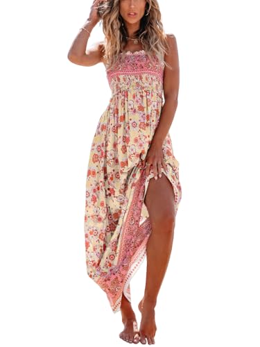 Image of CUPSHE Women Spaghetti Straps Boho Maxi Dress Summer Sleeveless Smocked Floral Beach Long Dress Flowy Cruise Vacation Outfits