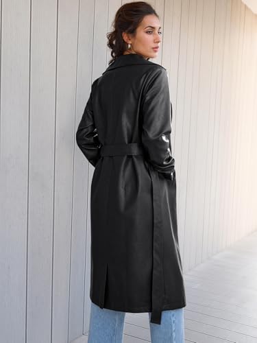 Trendy Queen Womens Long Leather Jackets Trench Coat Blazer Lapel Faux Open Front with Belt - Image 5