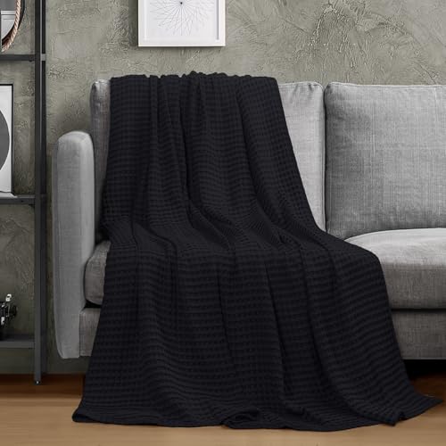 Image of Utopia Bedding 100% Cotton Waffle Weave Blanket Twin Size for Couch Sofa Bed - Lightweight, Breathable Summer Blankets Soft and Cozy, Gifts for Women Home Room Decor (Black, 90x72 Inch)