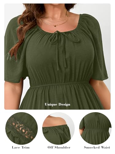 Image of RWJ Women's Plus Size Maxi Dress Short Sleeve Square Neck Flowy A-Line Lace Trim Flutter Party Casual Off Shoulder Dresses