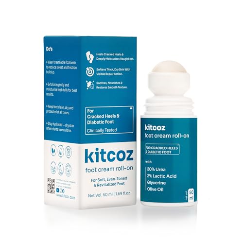 Image of Kitcoz Foot Cream Roll On with 20% Urea, 2% Lactic Acid, Glycerine & Olive Oil for Dry Feet, Cracked Heels & Diabetic Foot | Non Sticky Formulation - 50ml
