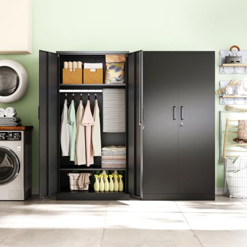 Image of Letaya Metal Wardrobe Cabinets with Lock,Clothing Locker 72 inch X 36 inch X 18 inch Storage Cabinets for Home Room,Fire Department, School, Employee,Gym,Government (Black)