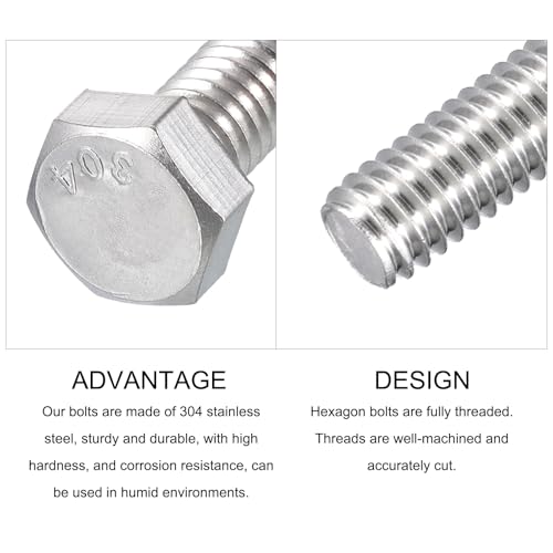 Image of METALLIXITY Hex Head Bolts (5 /16-18 x 2-1 /2 inch) 6Pcs, 304 Stainless Steel 18-8, Fully Threaded, External Hex Drive, Plain Finish, Hex Head Screw Bolt, Silver