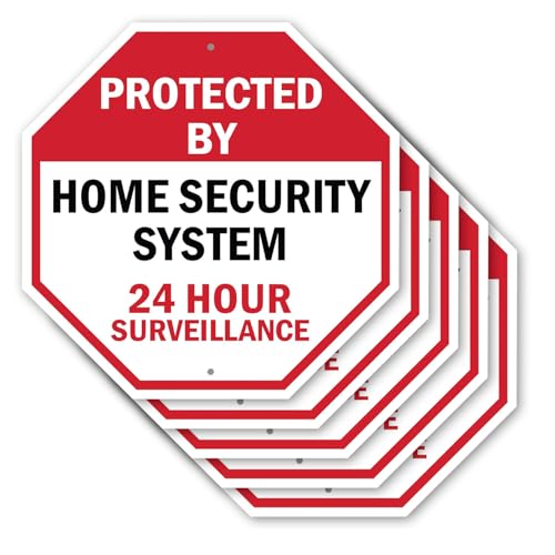 Protected By Home Security System 24 Hour Surveillance (5 Pack) 10 inch X 10 inch Octagon Rust Free Aluminum Metal Signs Weather Resistant, UV Protected for Workplace, Made in the USA