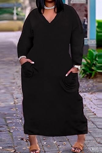 Image of Women's Oversized Tshirt Dresses Lounge Dress Maxi Long Sleeve Plus Size Outfits with Pockets Black XL