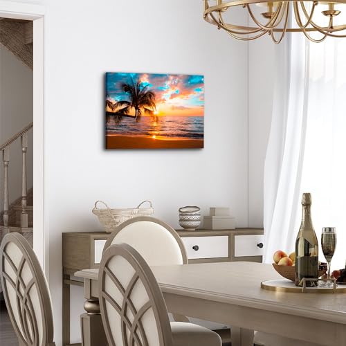 Sunset Beach Wall Art Tropical Palm Tree Wall Decor Coastal Landscape Pictures Ocean Landscape Canvas Painting Nature Seascape Poster Prints Artwork for Living Room Bathroom Home Decorations 12x16” - Image 2