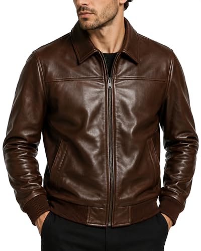 Leather Street Men's Brown Leather Bomber Jacket - Genuine Sheepskin Leather Moto Riding Coat - Classic Biker Shirt Jacket (US, Alpha, Small, Regular, Regular, Brown)