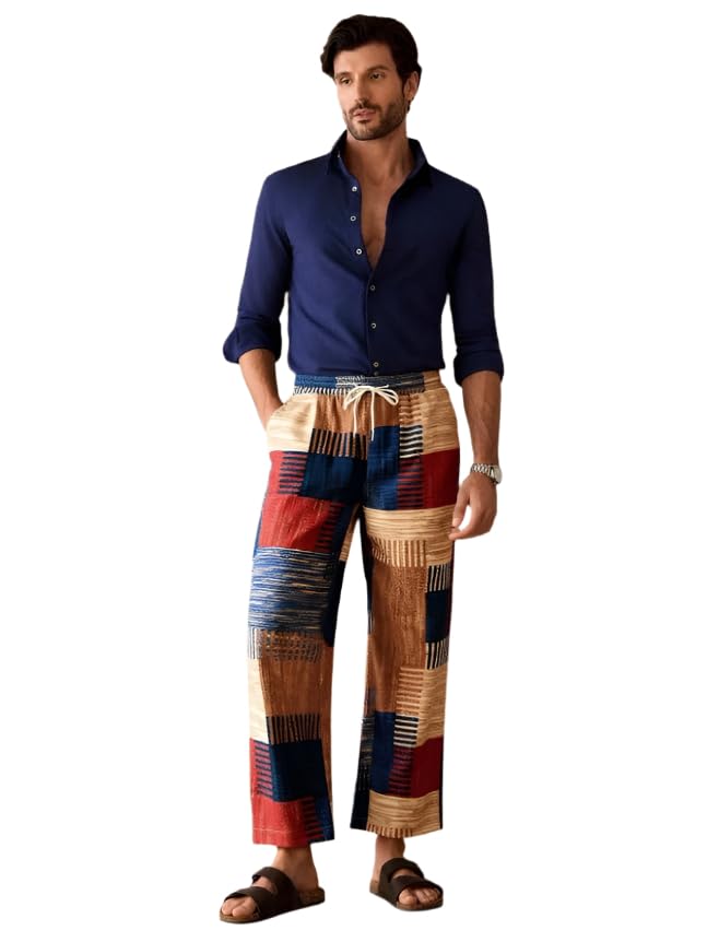 Men's Casual Multicolor Striped Boho Style Drawstring Waist Straight Leg Pants with Pockets2