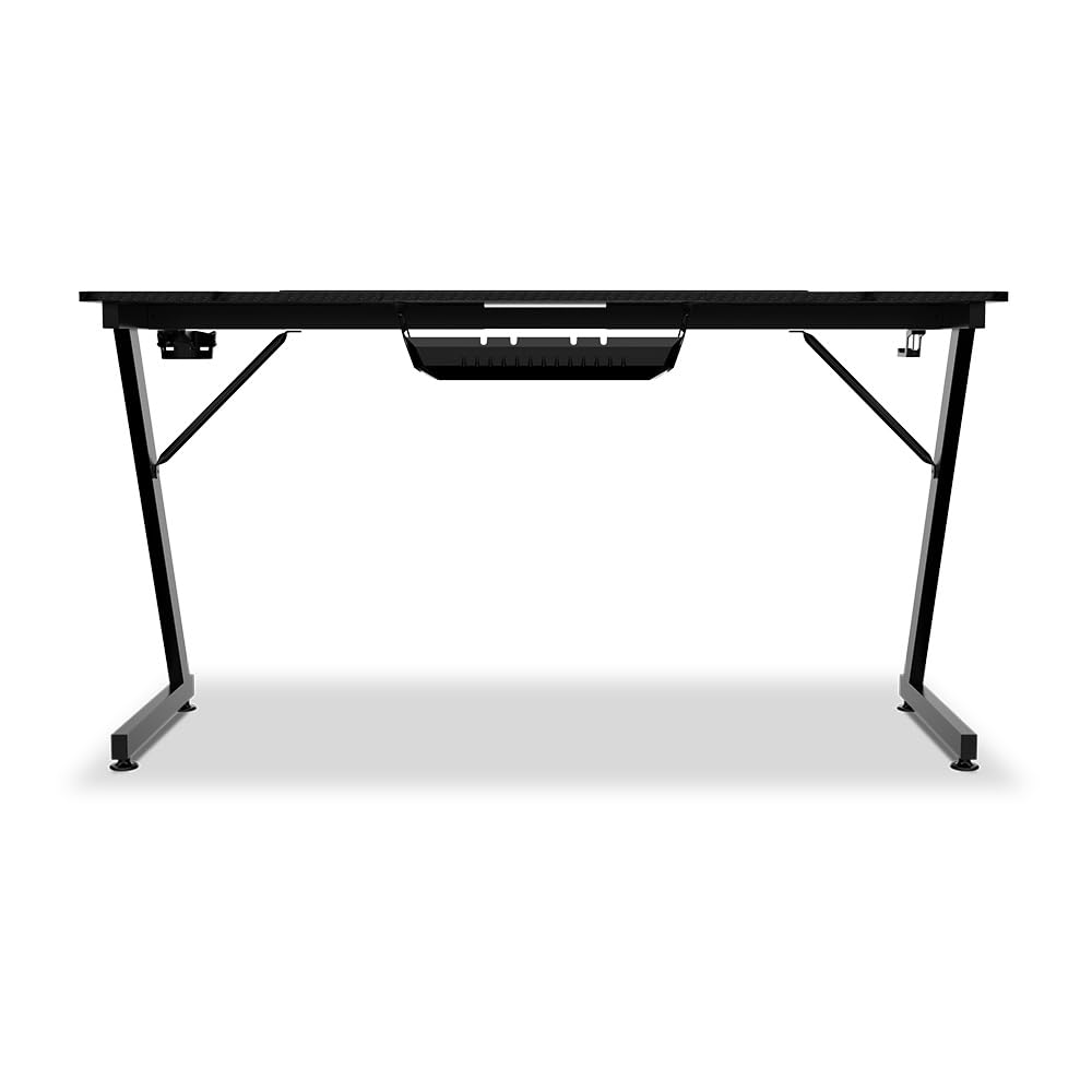 Alpha Gamer Gemina Black 140x60 cm – Escritorio Gamer con Soporte Auriculares, Portavasos, Gestión de Cables, Tapa Textura Carbono, Patas Ajustables – Negro