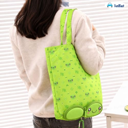 Image of FunBlast Foldable Shopping Bag - Cartoon Design Carry Bag with Zipper Pouch, Foldable Tote Bag for Girls & Women, Multipurpose Reusable Pouch Bags, Lightweight Travel Handbag with Handle Strap (Frog)