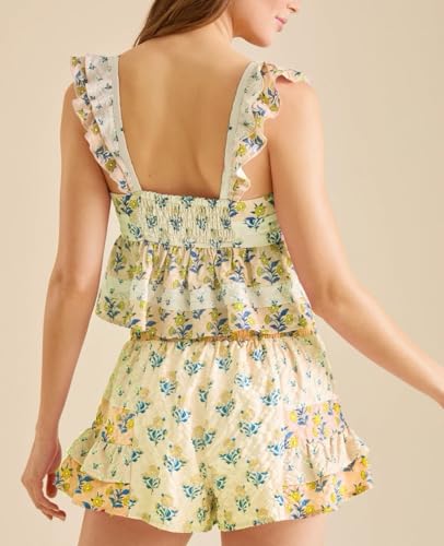 Image of ROAONOCOMO Women Summer Floral Pajama Set Ruffle Trim Cami Top Coquette Pj Set Gingham Babydoll 2 Piece Shorts Outfit