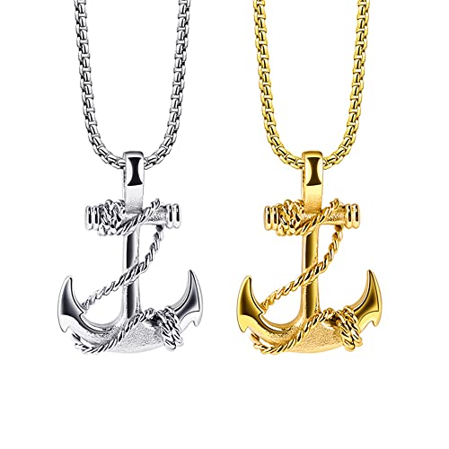 Liitata Lot de 2 colliers avec pendentif ancre nautique - Chaîne gothique punk hip hop - Collier talisman pour homme - Or argenté