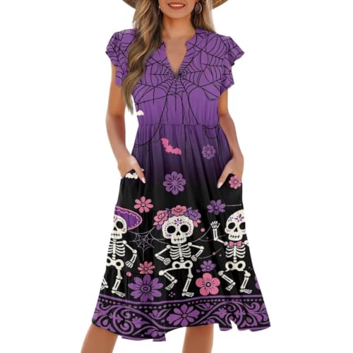Image of Womens Summer Dress Ruffle Sleeve V Neck Dress Casual Fit Flowy Beach Vacation Sundress with Pocket S-2XL