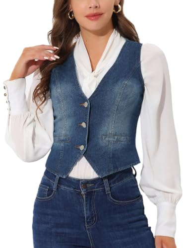 Chaleco de mezclilla para mujer con cuello en V Allegra K en azul oscuro talla XXL