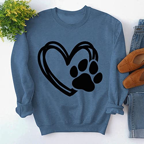 Sunidol Womens Puppy Paw Print Shirts Love Heart Graphics Long Sleeve Crewneck Pullover Loose Casual Dog Mom Sweatshirts Tops Blue Xxl #TOP1