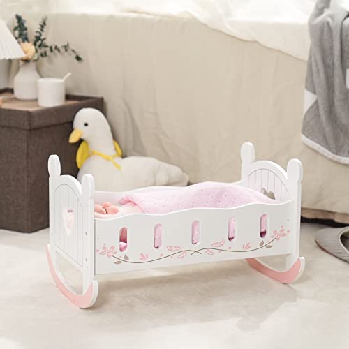 image for ROBUD Baby Doll Crib Wooden Doll Cradle with Bedding Doll Rocking Crad