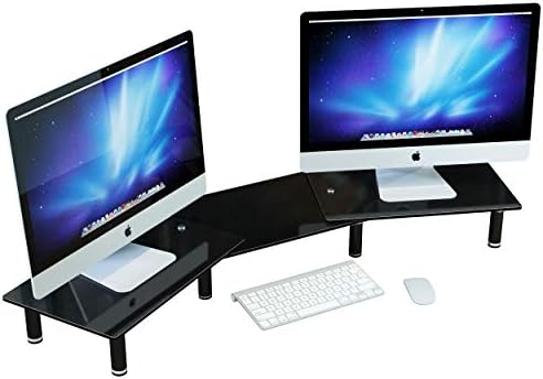 Adjustable Dual Glass Monitor Stand Riser for Computer Desk & Laptop, Office Organizer Corner Shelf Mount and Storage for Desktop for Double Monitors, Printer, Accessories, Two Screen (BLACK)