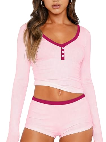Image of Dressmine Cute Pjs Pajama Sets for Women Sexy 2 Piece Spring Pajamas Lounge Sleep Set Long Sleeve Shorts Sleepwear