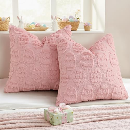 Image of decorUhome Easter Pink Egg Pillow Covers 16x16 Inch Set of 2, Soft Plush Faux Wool Jacquard Cushion Covers, Farmhouse Neutral Fuzzy Spring Easter Holiday Decor for Couch Sofa Bed