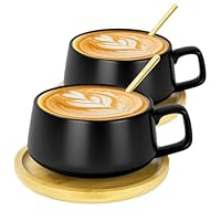Fanquare Set van 4 Blauwe Keramische Theekopjes en Schotels met Houten Handgreep Espresso Kop Set voor Thee Latte Mocha Café