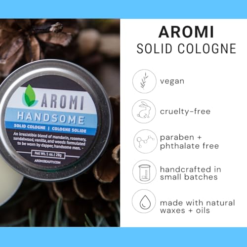 Aromi Solid Cologne | Sweet, Vanilla, Musk Fragrance, Vegan and Cruelty-free Scent, Portable, Travel, Small Gift, Men's Stocking Stuffer, Alcohol-free (Handsome)