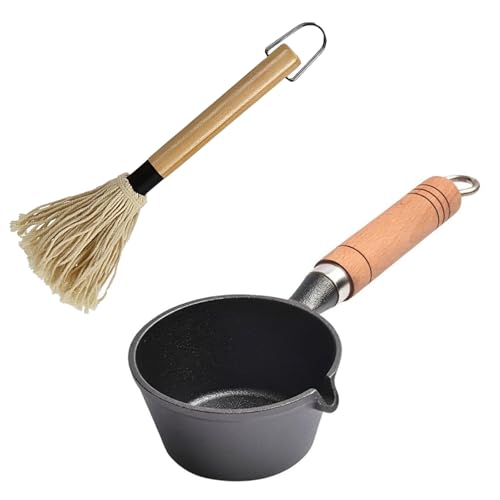 SANTUO Cast Iron Saucepan, BBQ Mop Brush Set for Grilling BBQ Basting Set with Mini Cast Iron Sauce Pot and Brush Barbecue Accessories