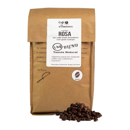 CAFE SIN INTERMEDIARIOS - Café mezcla de origen India y Brasília - Rosa En Grano sin moler 1 Kg - Tostado semanal y recién envasado - Intensidad de sabor alto - Ideal para Café Solo