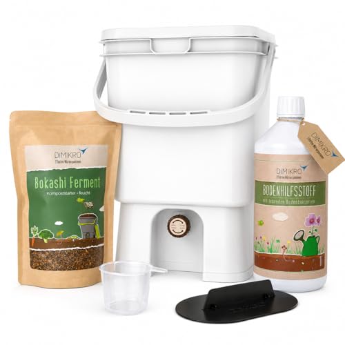 Bokashi Eimer Starterset - Japanisches Design (weiß) Kompost Eimer + Bokashi Ferment (1 Kg) + EM aktiv (1 Liter) + Bokashi Broschüre - Bioabfälle sinnvoll verwerten