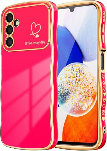 Riccase for Samsung Galaxy A55 5G Case Lens Protection for Women Girls Shockproof Cute Wave Frame Curly Shape Plated Love Heart Phone Case for Samsung A55 5G Hot Pink