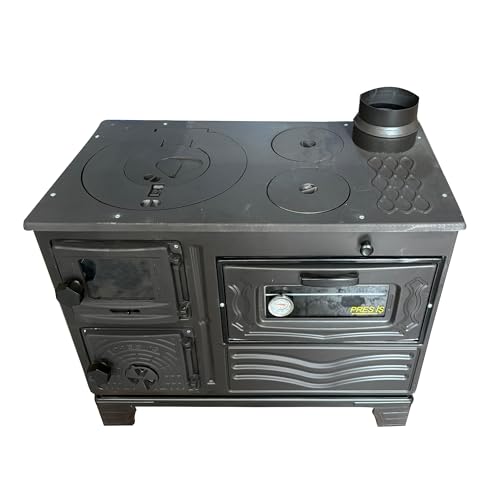 Cast Iron Wood Cook Stove with Oven | Wood Burning Stove Range Stove | Kitchen Stove Cooker Oven Section with Thermometer | Village House Oven Cabin Stove Made in Turkiye (Black with Glass)