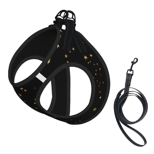 Gold Stars Black Background No Pull Dog Harness and Leash Set, Cute Reflective Adjustable Vest for Small Dogs,Breathable Mesh Puppy Harness for Walking Hiking,Small