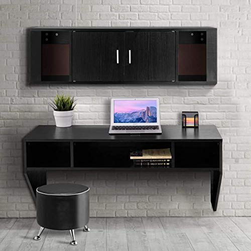 Waterjoy Wall Mounted Desk Computer Desk Floating Table, Home Office Working Desk, Wall Mounted Console Workstation Laptop Pc Table With Storage Shelves Black #TOP1