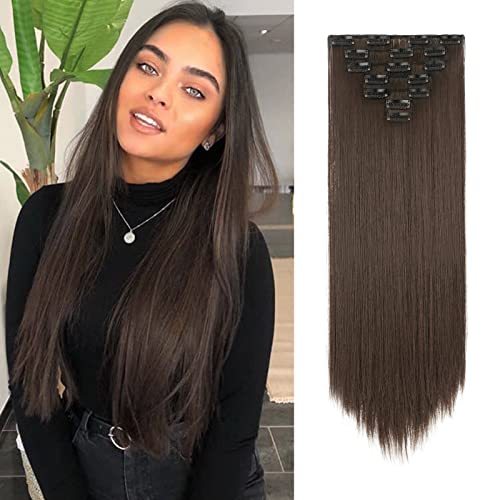 FESHFEN Extension Cheveux Clip Lisse, 55 cm Extension à Clip Cheveux Synthétique 7 Pcs Clip Cheveux Extention Lisses Rajout Cheveux Clip Postiche Extension