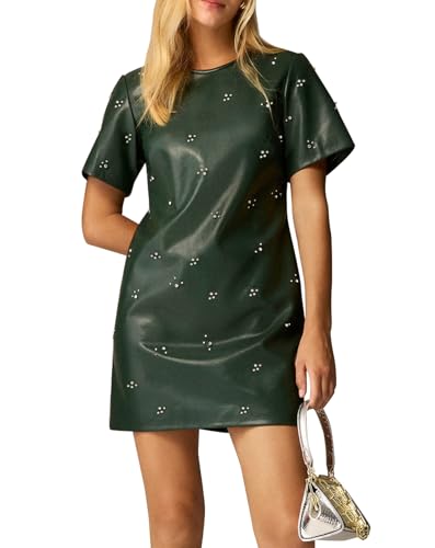 LifeShe Rhinestone Faux Leather Dress for Women Casual Short Sleeve Crew Neck Elegant A-line Mini PU Dresses