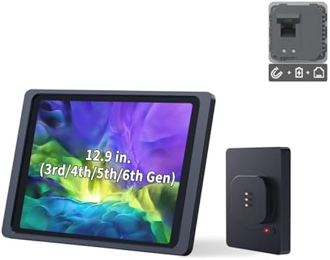 Magnetic Wall Mount with Charging Case for iPad 12.9” 3rd / 4th / 5th / 6th Gen. PoE and DC up to 18W Quick Charge, Strong Magnets, 360 Rotation