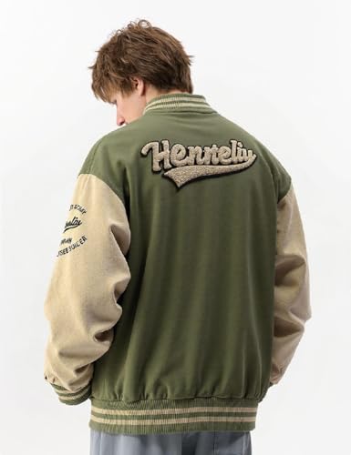 Men's Baseball Jacket, Military Green & Beige Color Block Casual & Daily Wear Unisex4