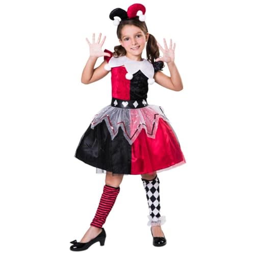 My Other Me - Fantasia feminina de Arlequina preto e vermelho com vestido, gola, toucado e aquecedores tamanho 10-12 anos. Ideal para carnavais e festas escolares