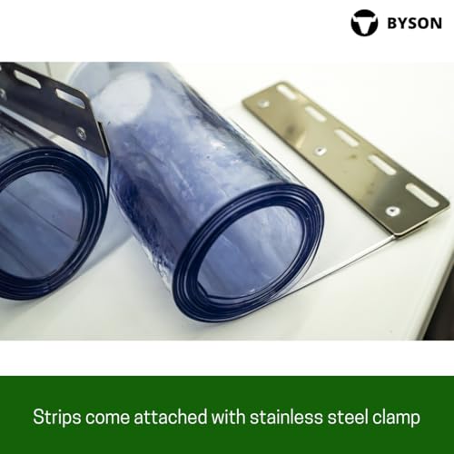 Image of Byson PVC Strip Curtain Door Kit 8 x 8 Feet (2.4 x 2.4 Meters) Coldroom Warehouse Catering Vinyl Ribbed Plastic Curtain Kit with 16 Strips (2mm Thick and 200mm Wide)