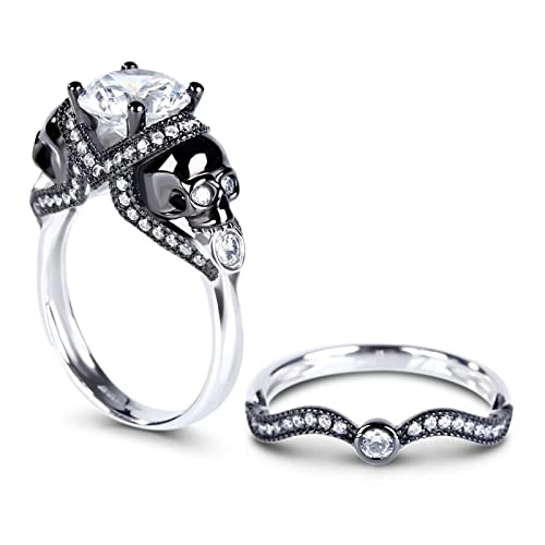Jeulia 4.97 Carat Twist Skull Rings For Women Two Tone Round Cut Sterling Silver Two Tone Twist Band Rings White Diamond Bridal Ring Set Black Plated Engagement Promise Rings With Jewelry Gift Box (White, 8) #TOP6