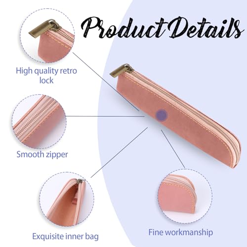 Image of Leather Pencil Case, 2 Pcs Slim Design Small Pen Pouch, Portable Cosmetic Bag for Purse with Zipper, Flat Soft Simple Makeup Bag Lipstick Case for Women, Office, Travel, Outdoor (Grey, Pink)