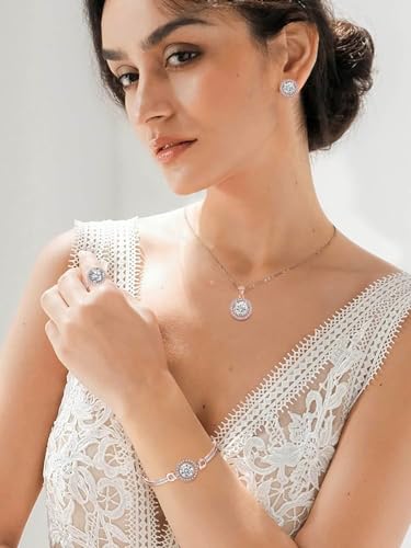 Women 4Pieces Cubic Zirconia Jewellery Set Rhinestone Necklace Earrings Bracelet Ring2