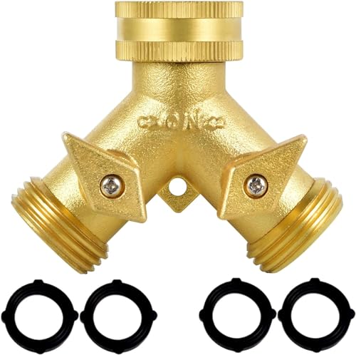 2 Way Heavy Duty Brass Garden Hose Connector Tap Splitter for Lawn and Garden - Outlet With 2 Valves, Hose Spigot Adapter, Plus 4 Extra Rubber Washers - Updated Version