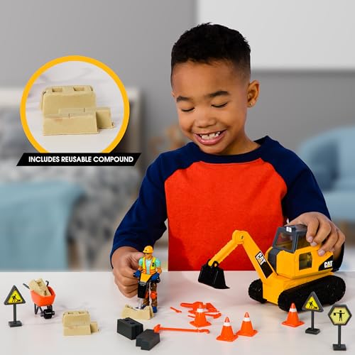 Image of Cat Workforce Excavator Action Set, 23-Piece Kids Construction Toy Playset with 4-Inch Figure, Non-Drying Dirt Compound, Molds, Signs, Tools & Accessories, Ages 3+