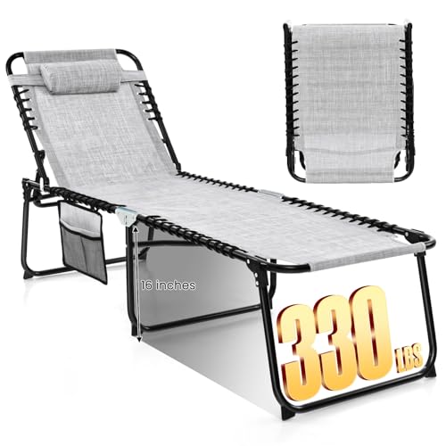 GYMAX Lounge Chairs for Outside, Extra High Folding Beach Tanning Lounger with Adjustable Backrest, Footrest & Removable Pillow, Sunbathing Lounge for Patio, Poolside (1, Grey with Pocket)
