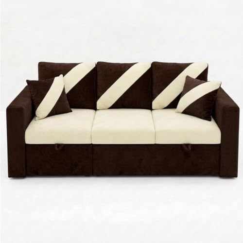 Image of FURNY Trivia 4 Seater LHS Lounger Sofa Cum Bed (Dark Brown - Cream) with Pull-Out Function | Luxury Velvet Suede Finish | Durable Comfort | Ideal for Living Room