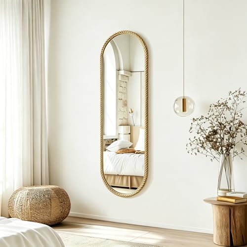 UINERAGI Gold Oval Full Length Mirror 16x48 Hanging Wall Mirror with Antique Gold Braided Metal Cord Frame Modern Distressed Wall Decor for Bedroom Living Room Entryway