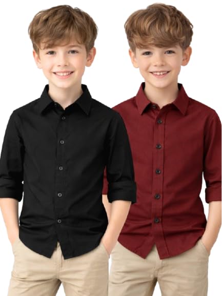 Image of YYQ Pack of 2 Boys Solid Cotton Blend Shirts - Full Sleeve Casual, Soft & Comfortable Spread Collar Shirts for Boys