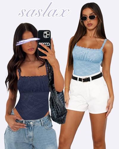Saslax Women's Sexy Square Neck Lace Sleeveless Bodysuit Tank Tops Double Lined Body Suit Thong Outfits