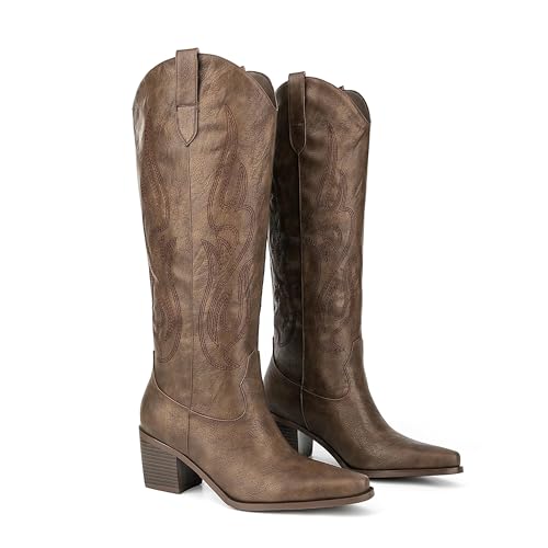 image for Pasuot Brown Cowboy Boots for Women - Wide Calf Cowgirl Knee High West