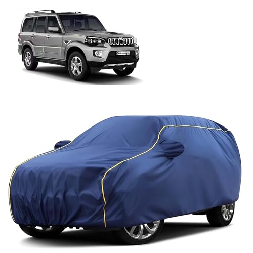 Image of Sulfar 100% Water Resistant Car Body Cover Compatible with Mirror for Mahindra Scorpio (Triple Stitched, Full Bottom Elastic, Blue Taffeta with Yellow Piping)